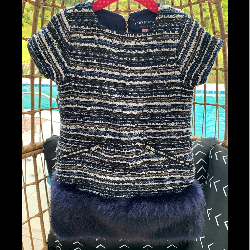 ANDY & EVAN TWEED FAUX FUR DRESS BLACK BLUE 3T 3 Y